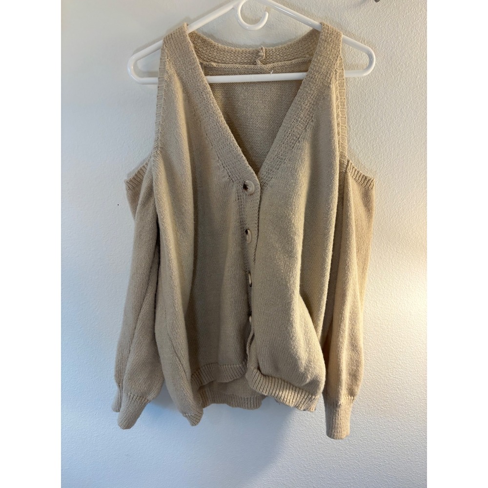 Tan Beige Cold Shoulder Button Front Cardigan Knit Sweater 3XL
